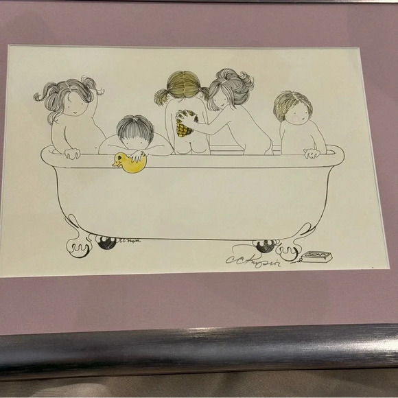Cathe Physico signed Lithograph Bath Time 1980s Framed Matted - Picture 4 of 8